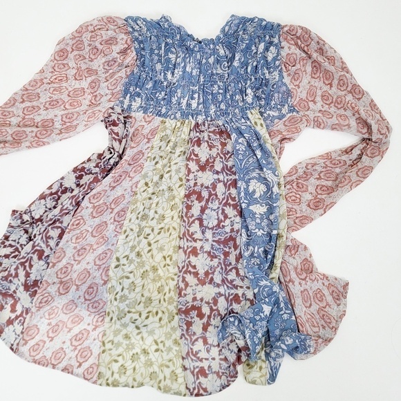 Free People Merrie Mix Floral Print Smocked Chiffon Tunic Rouched Blouse Lilac - Picture 15 of 16